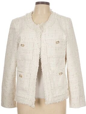 Nanette Lepore Cream Tweed Fringe Jacket with Gold Buttons